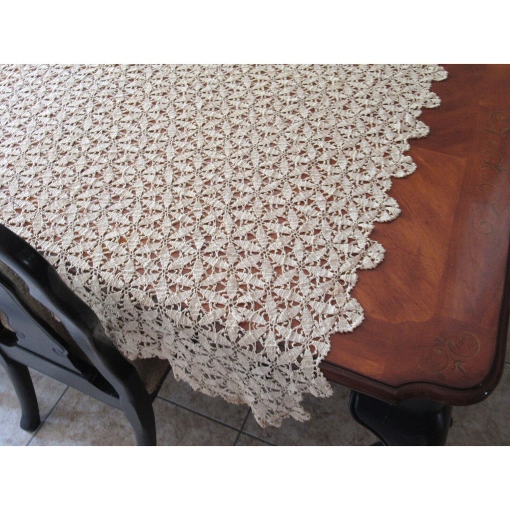 Vintage Handmade Beige CROCHET LACE TABLECLOTH Coverlet Bed Topper 59"x79" - Picture 5 of 14